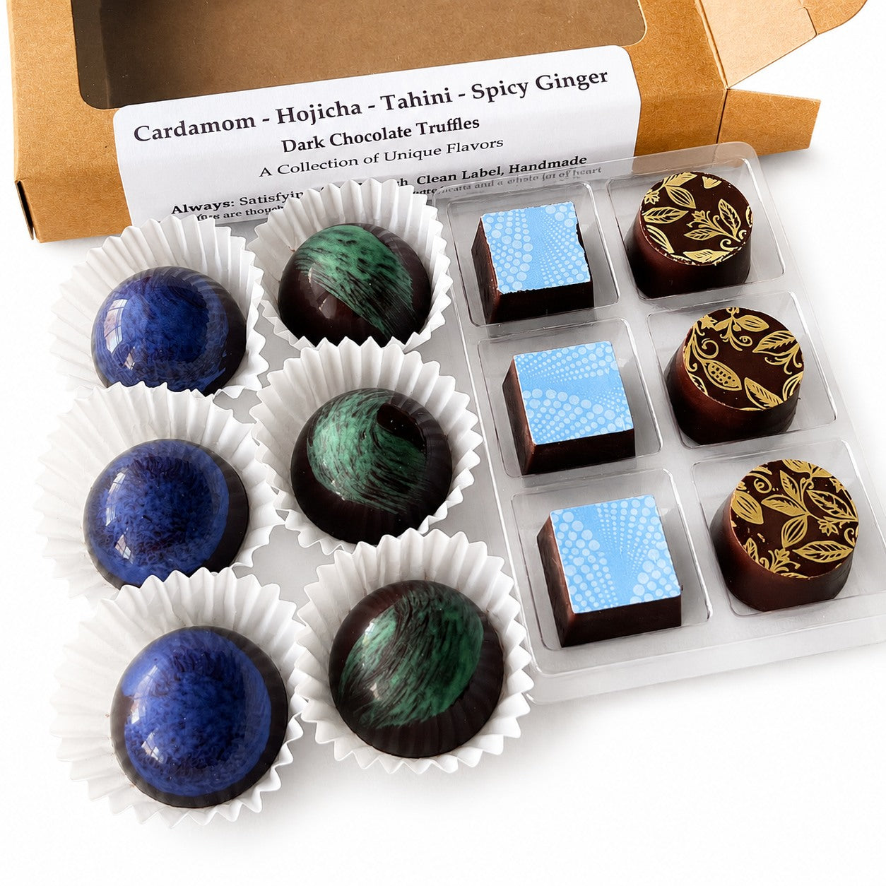 twelve Assorted dark chocolate truffles outside of a kraft paper box