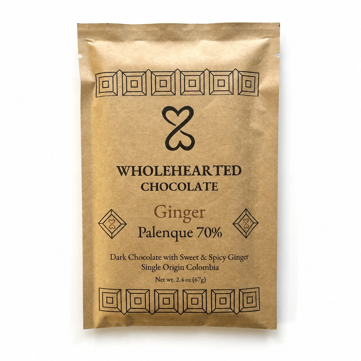 Wholehearted Chocolate Ginger Palenque 70% bar in its kraft paper package