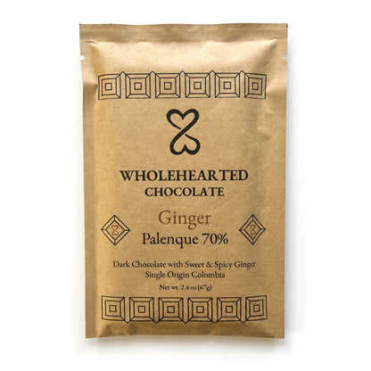 Wholehearted Chocolate Ginger Palenque 70% bar in its kraft paper package