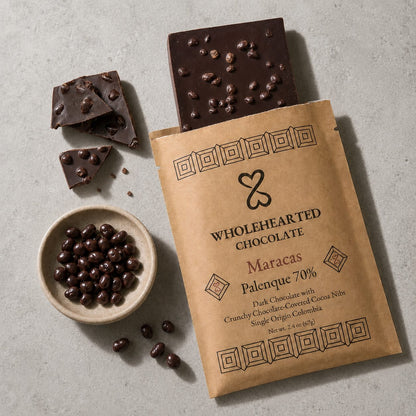 Maracas Palenque 70% chocolate with cacao nibs, broken pieces and kraft paper package