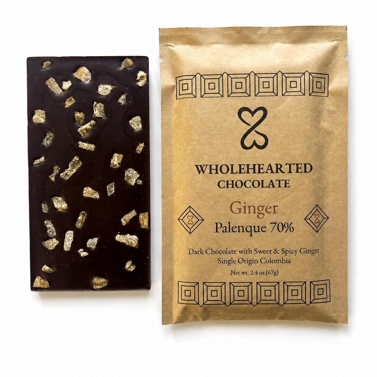 Ginger Palenque 70% dark chocolate bar with crystallized ginger pieces beside its package