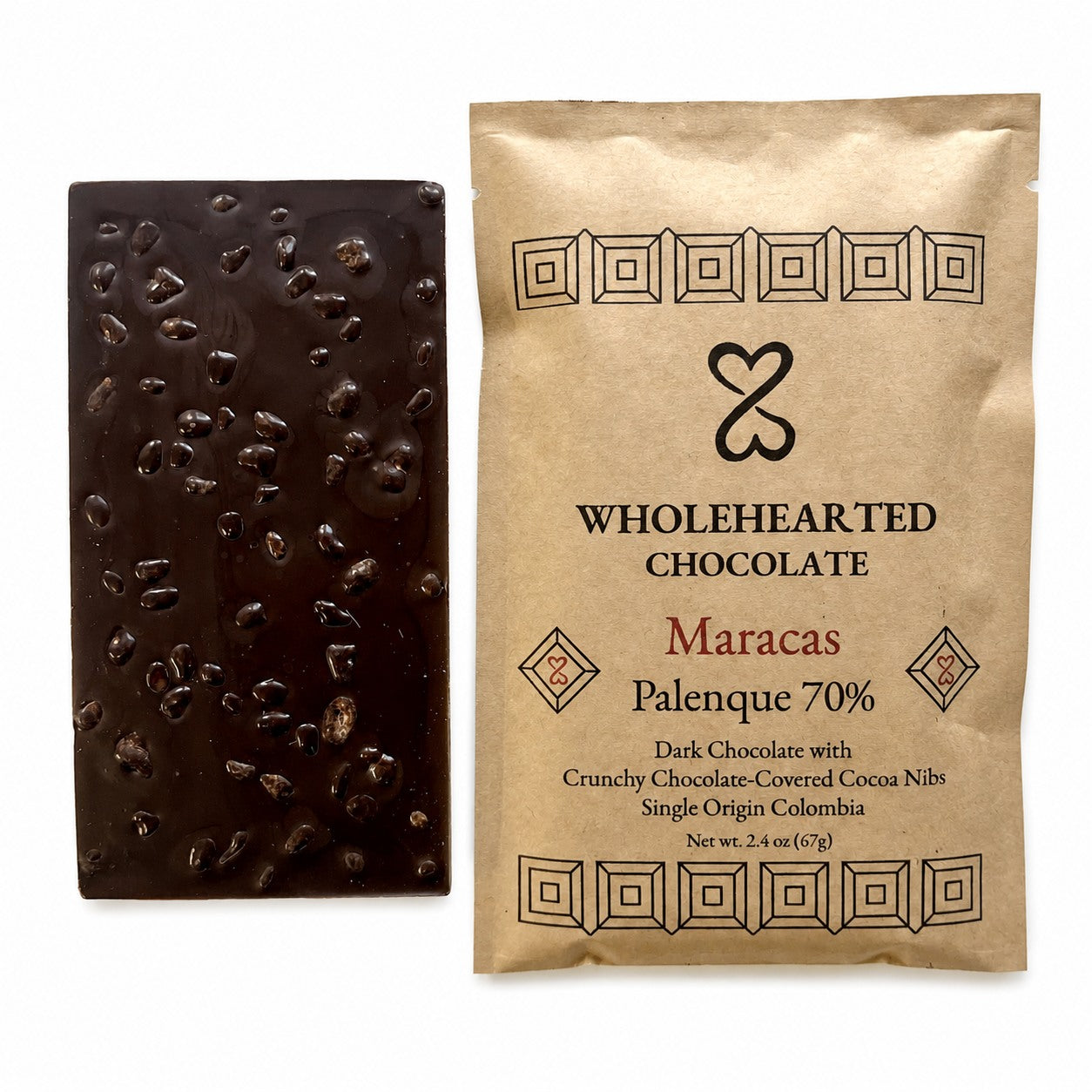 Maracas Palenque 70% dark chocolate bar with cacao nibs beside its package