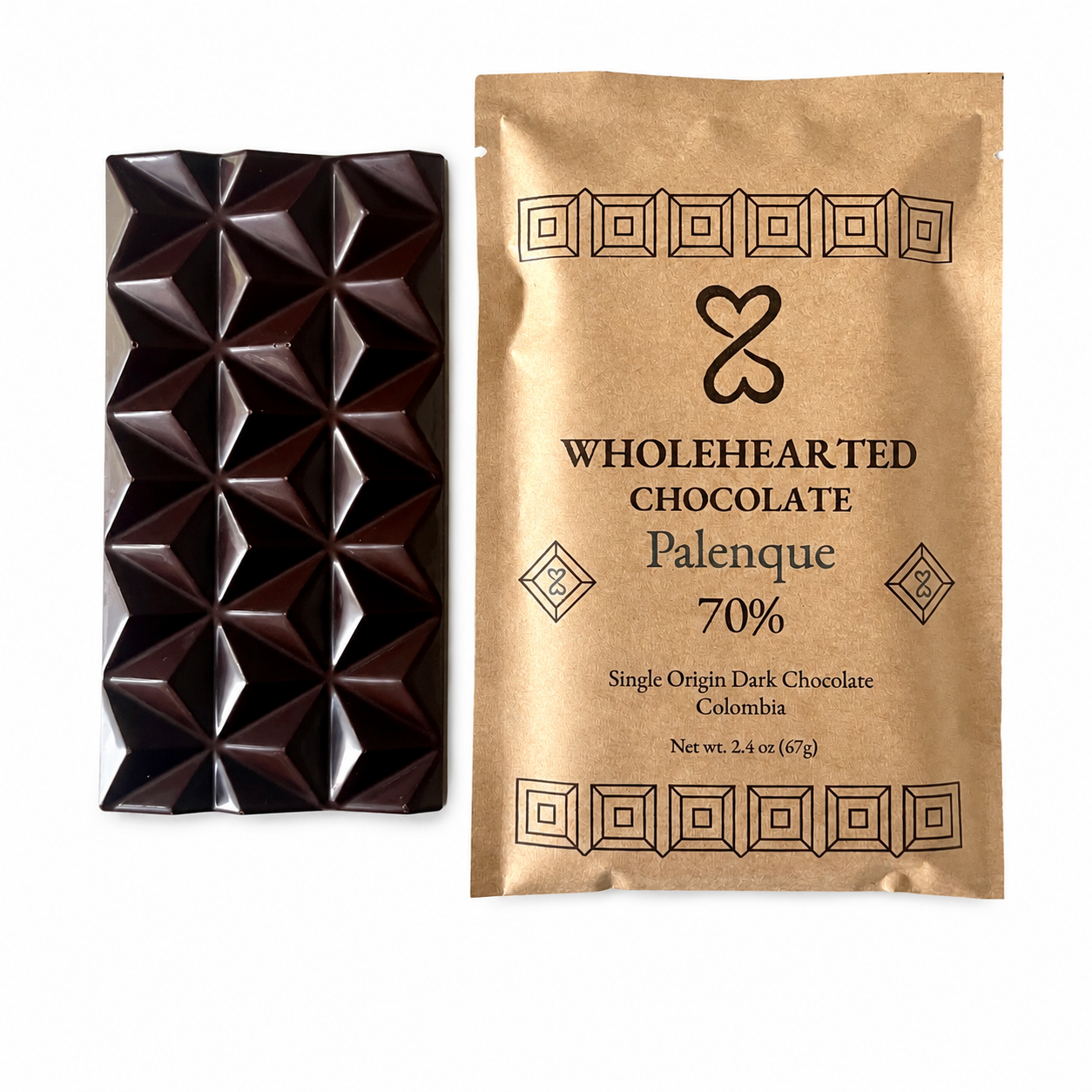 Pure Palenque 70% molded dark chocolate bar beside its kraft paper package