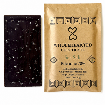 Sea Salt Palenque 70% dark chocolate bar with salt flakes beside its package