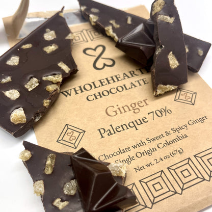 Broken Ginger Palenque 70% chocolate pieces with crystallized ginger on the package