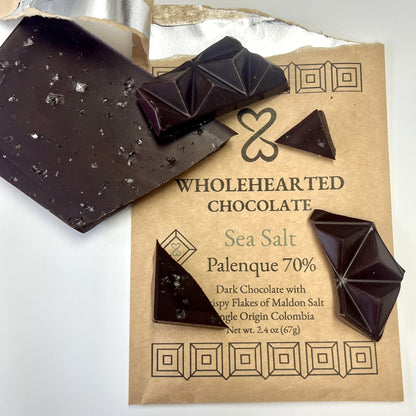 Broken Sea Salt Palenque 70% chocolate pieces showing smooth and salted surfaces