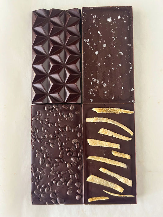 four different 70% dark chocolate bars