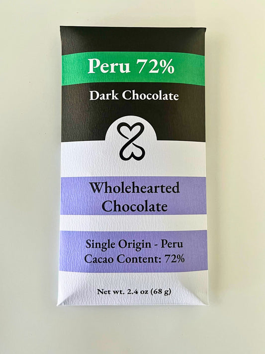 Dark chocolate bar packaging with 'Peru 72%' label on a light gray background