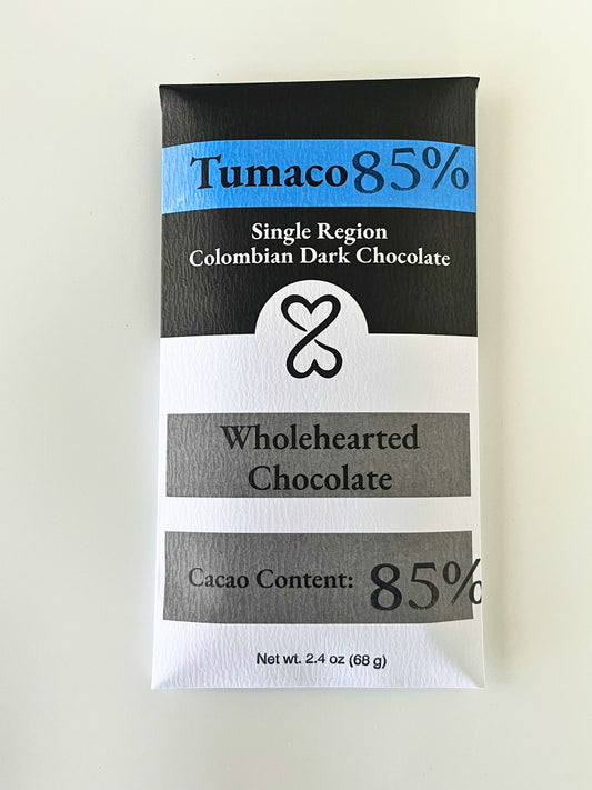 Tumaco 85% dark chocolate bar packaging on a light background