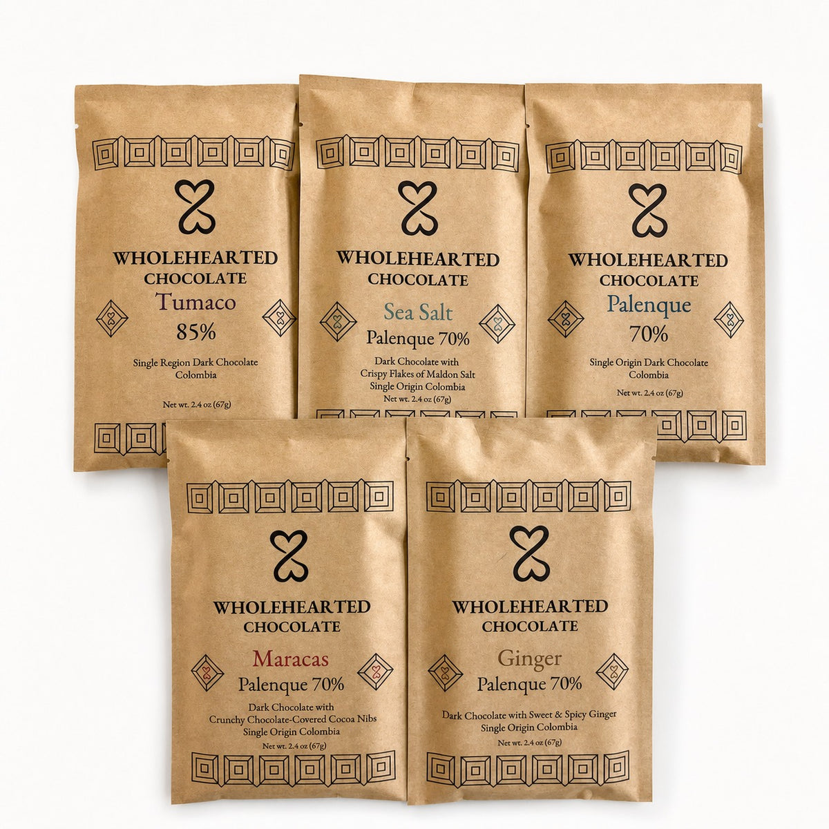 Five wholehearted chocolate pouches arranged on a white background, featuring flavors: Tumaco, Sea Salt, Palenque, Maracas, and Ginger.