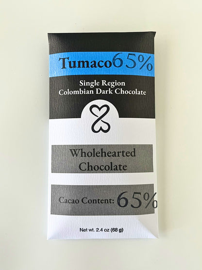 Wholehearted Chocolate bar packaging with Tumaco 65% label on a white background