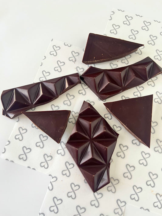 Dark chocolate bar broken into pieces with geometric patterns on a white background with heart designs