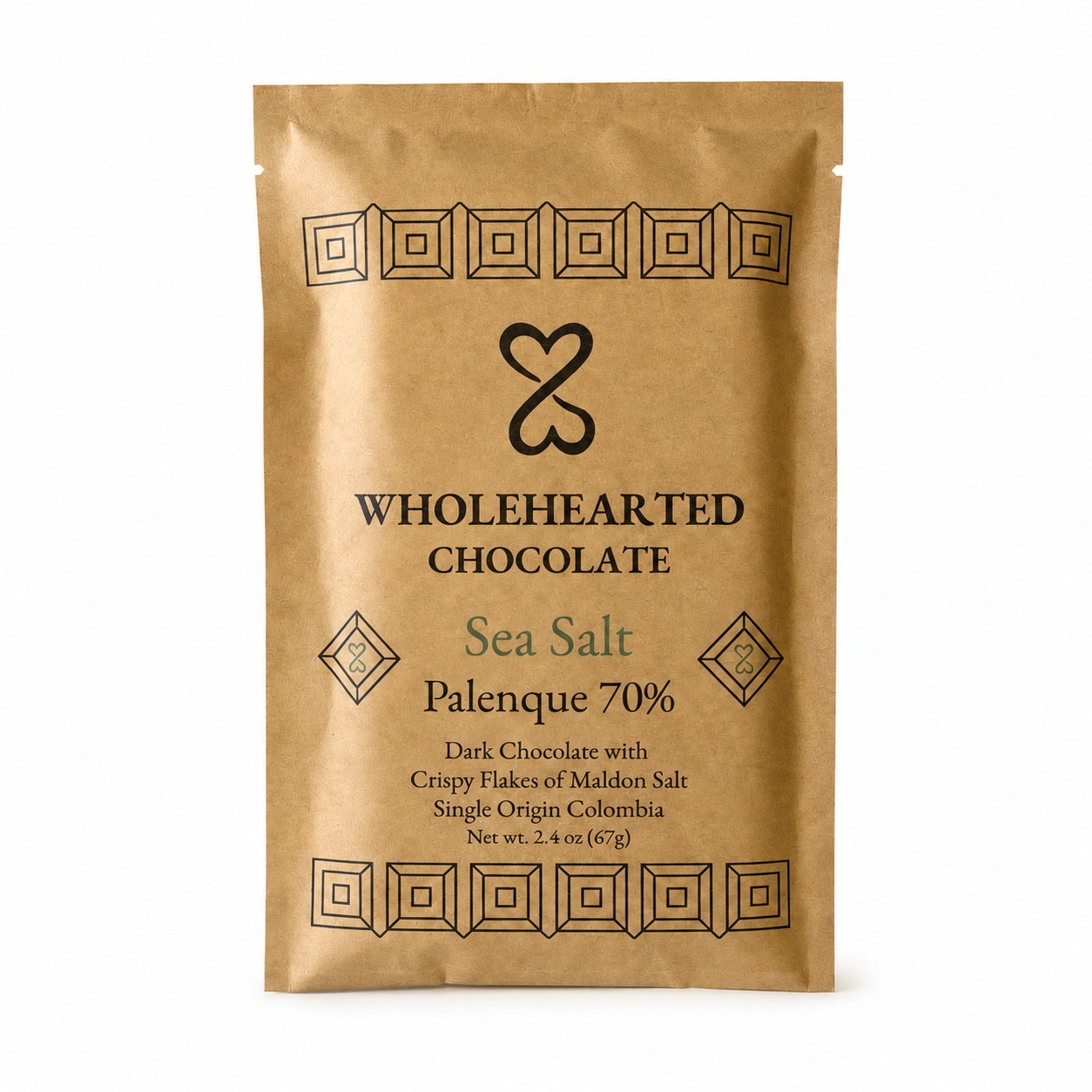 Wholehearted Chocolate Sea Salt Palenque 70% bar in its kraft paper package