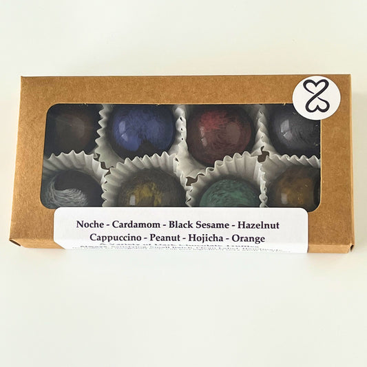 box of 8 chocolate truffles in a kraft paper rectangular box
