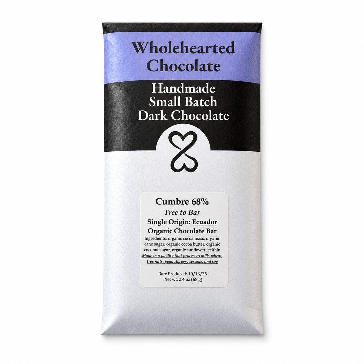 lavender, black, and white envelope. outer packaging for a chocolate bar with labels showing