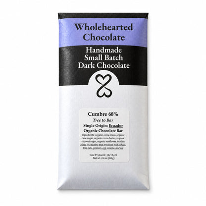 lavender, black, and white envelope. outer packaging for a chocolate bar with labels showing