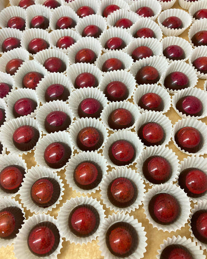 collection of chocolate truffles in paper cups with red colored cocoa butter design on top