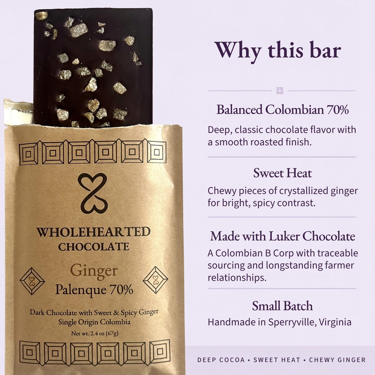 Ginger Palenque 70% bar infographic highlighting sweet heat, traceable Colombian cacao and small-batch production
