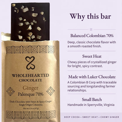 Ginger Palenque 70% bar infographic highlighting sweet heat, traceable Colombian cacao and small-batch production