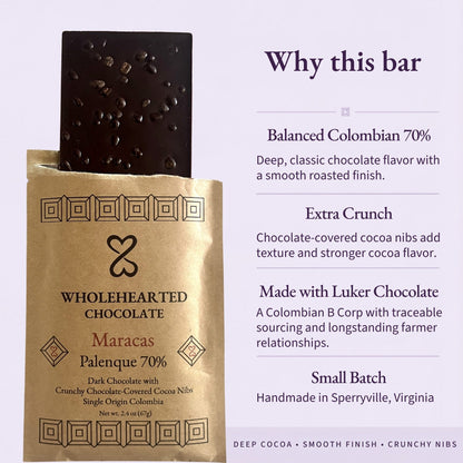 Maracas Palenque 70% bar infographic highlighting extra crunch, traceable Colombian cacao and small-batch production