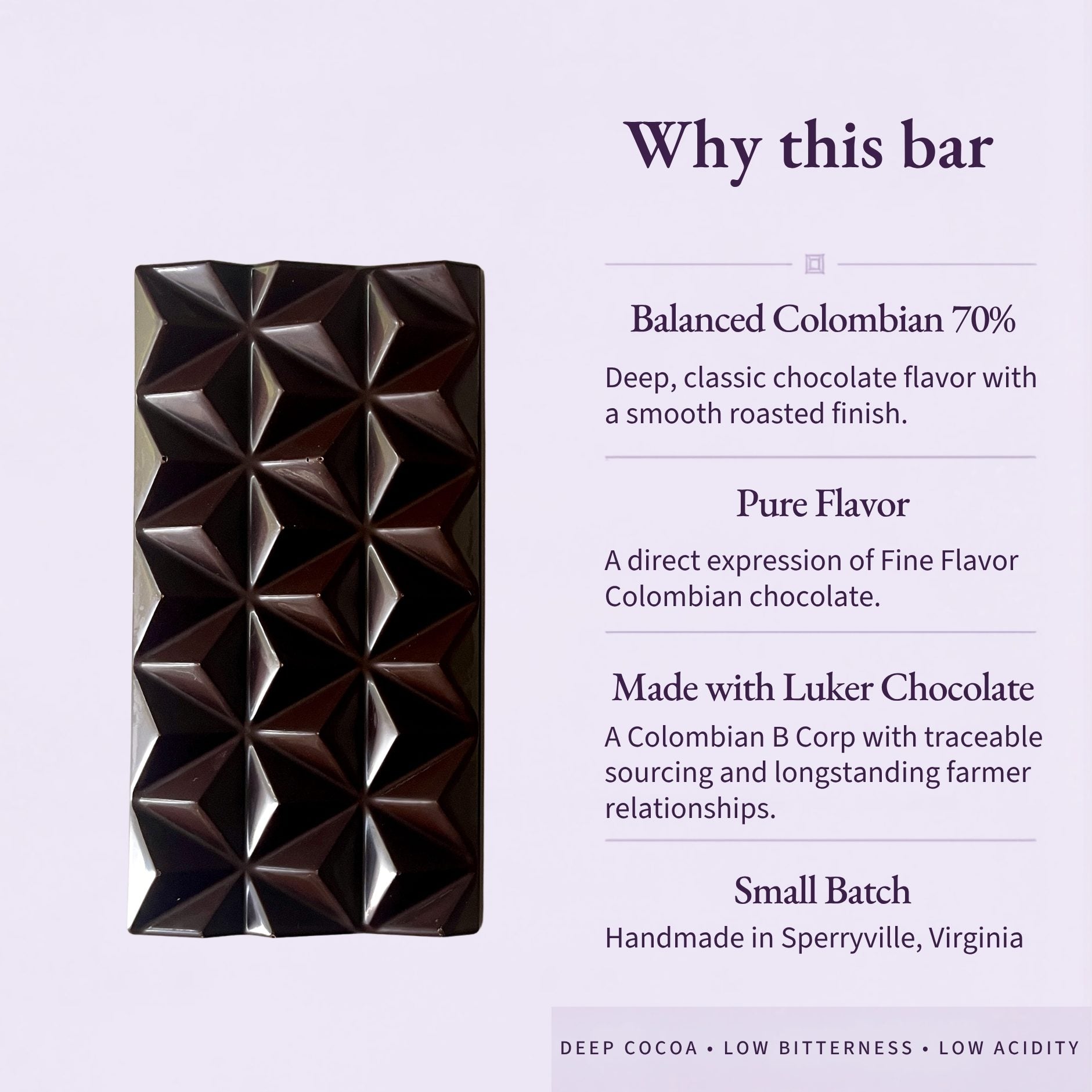 Pure Palenque 70% bar infographic highlighting pure flavor, traceable Colombian cacao and small-batch production