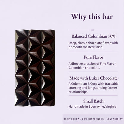 Pure Palenque 70% bar infographic highlighting pure flavor, traceable Colombian cacao and small-batch production