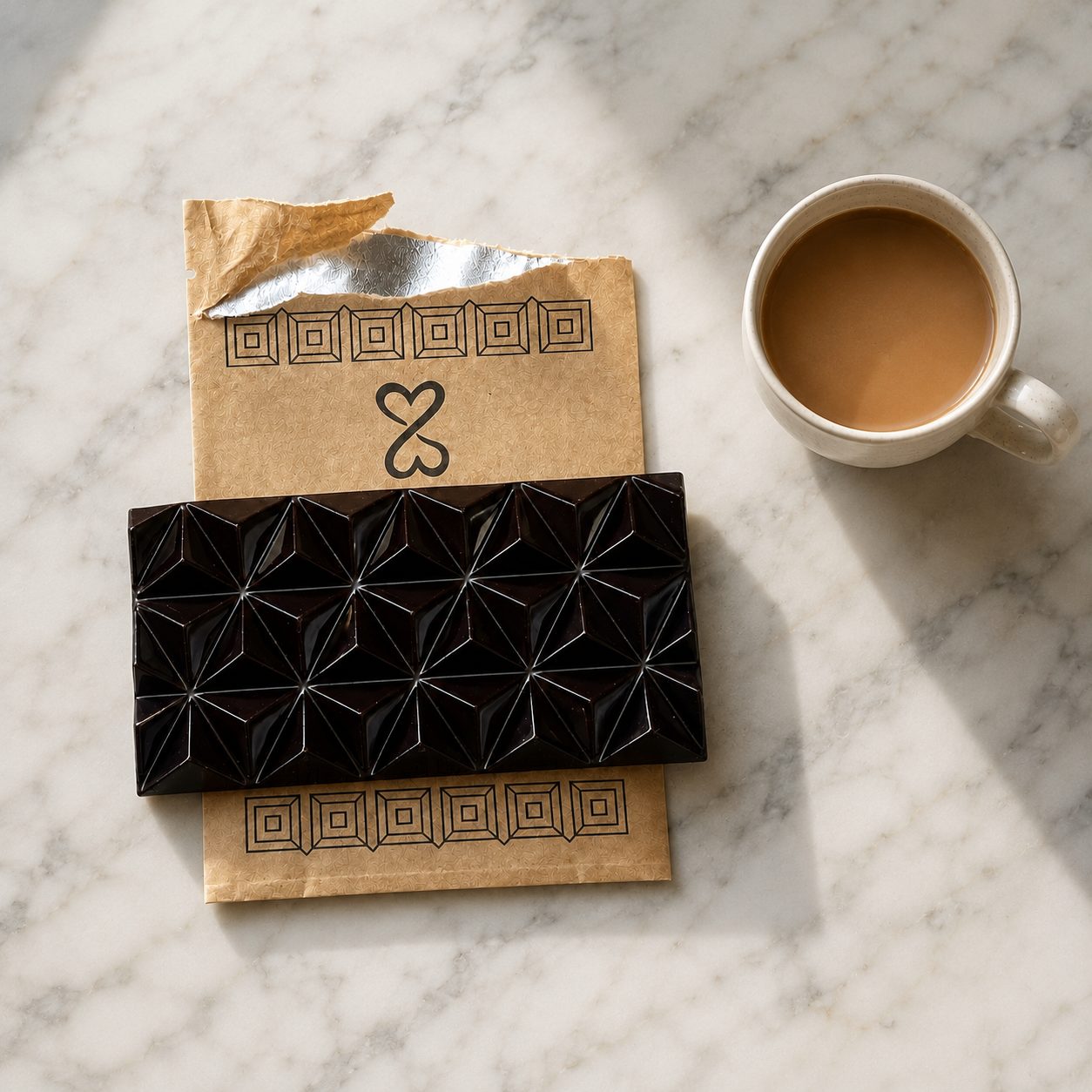 Pure Palenque 70% chocolate bar and package with a cup of coffee on marble