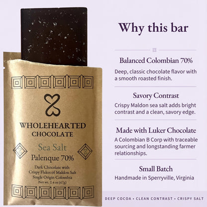 Sea Salt Palenque 70% bar infographic highlighting savory contrast, traceable Colombian cacao and small-batch production