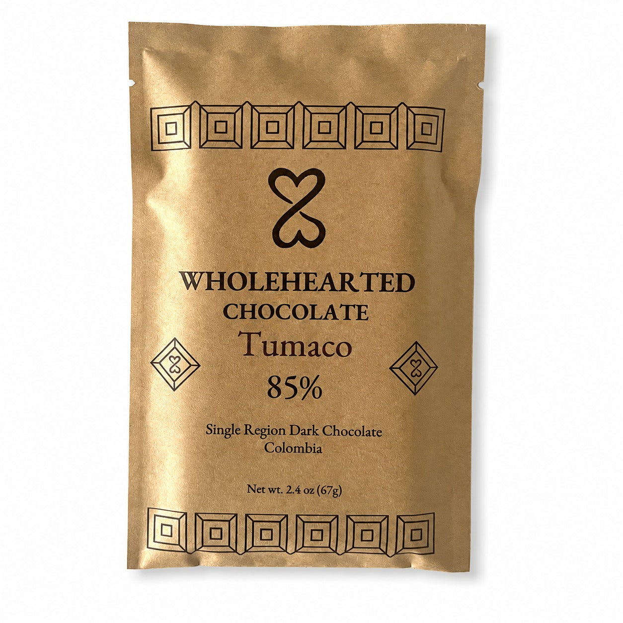 Wholehearted Chocolate Tumaco 85% single-origin dark chocolate bar in its package