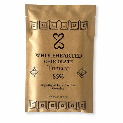Wholehearted Chocolate Tumaco 85% single-origin dark chocolate bar in its package