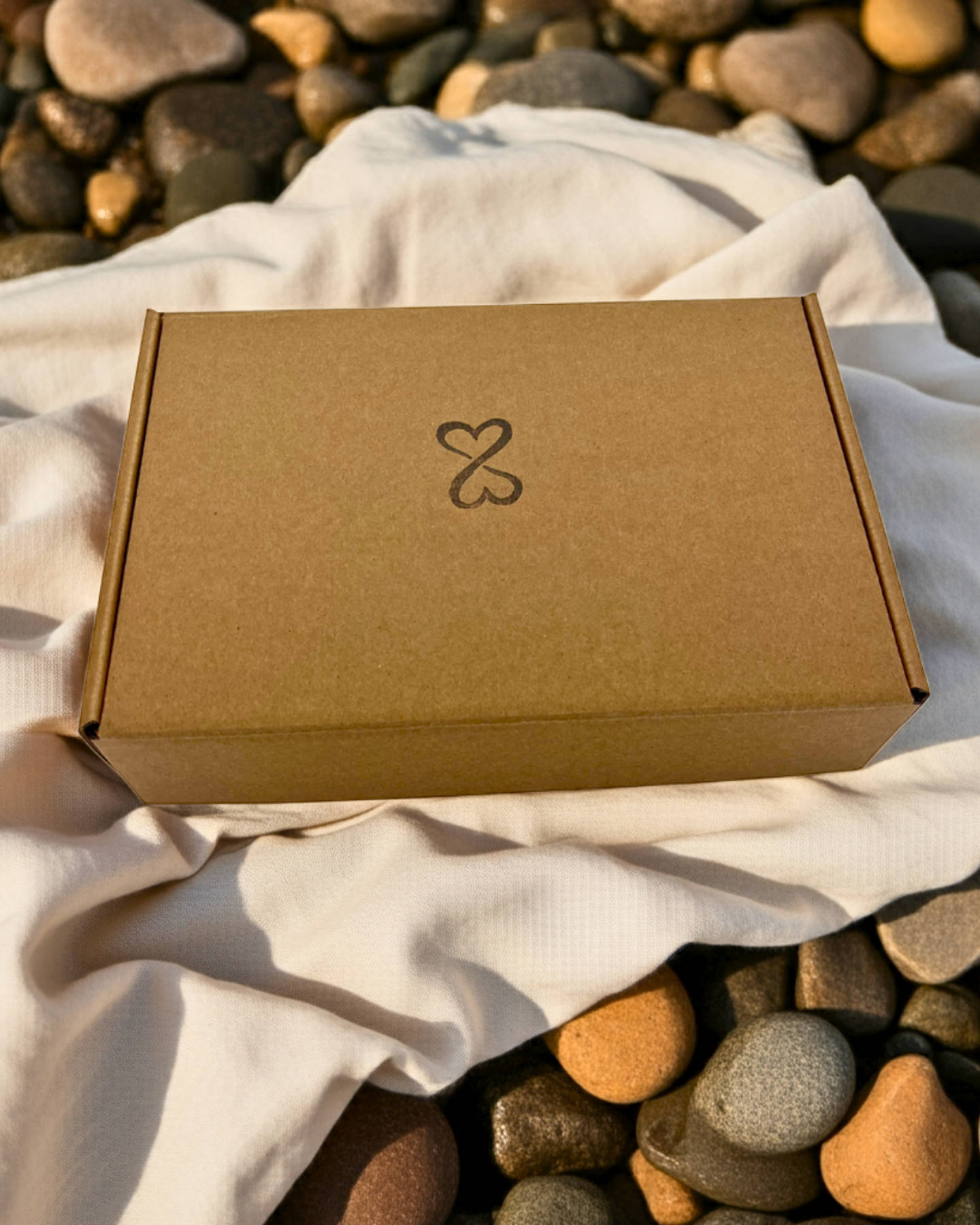 Brown kraft box with a double heart logo on a white fabric background with pebbles around